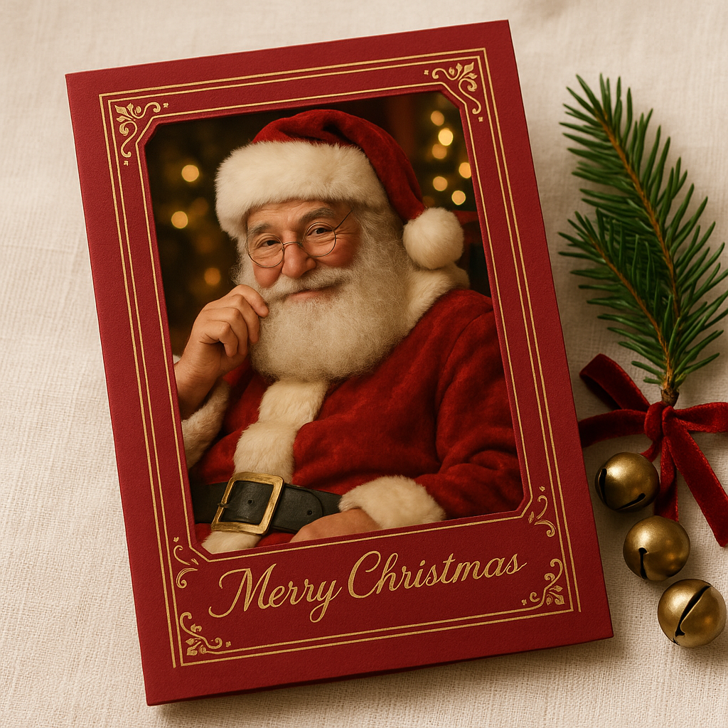 The Talking Santa keepsake card — deep crimson red cover with gold foil, a full hand-illustrated smiling Santa with his sack of gifts, and gold cursive title — styled on cream linen beside fresh pine and brass jingle bells.