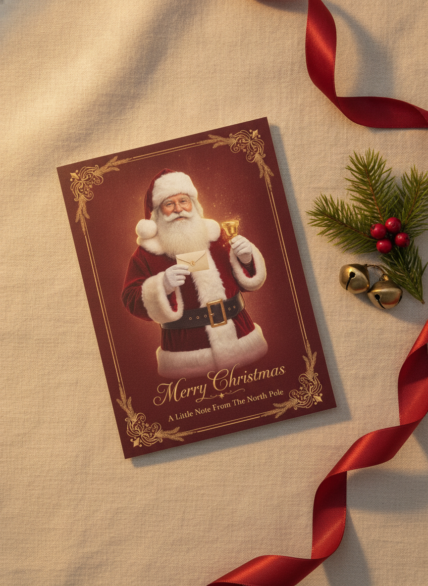 The Talking Santa keepsake card — deep crimson red cover with gold foil border, a full hyper-real Santa portrait, and 'Merry Christmas' in gold cursive — styled on cream linen beside fresh pine.