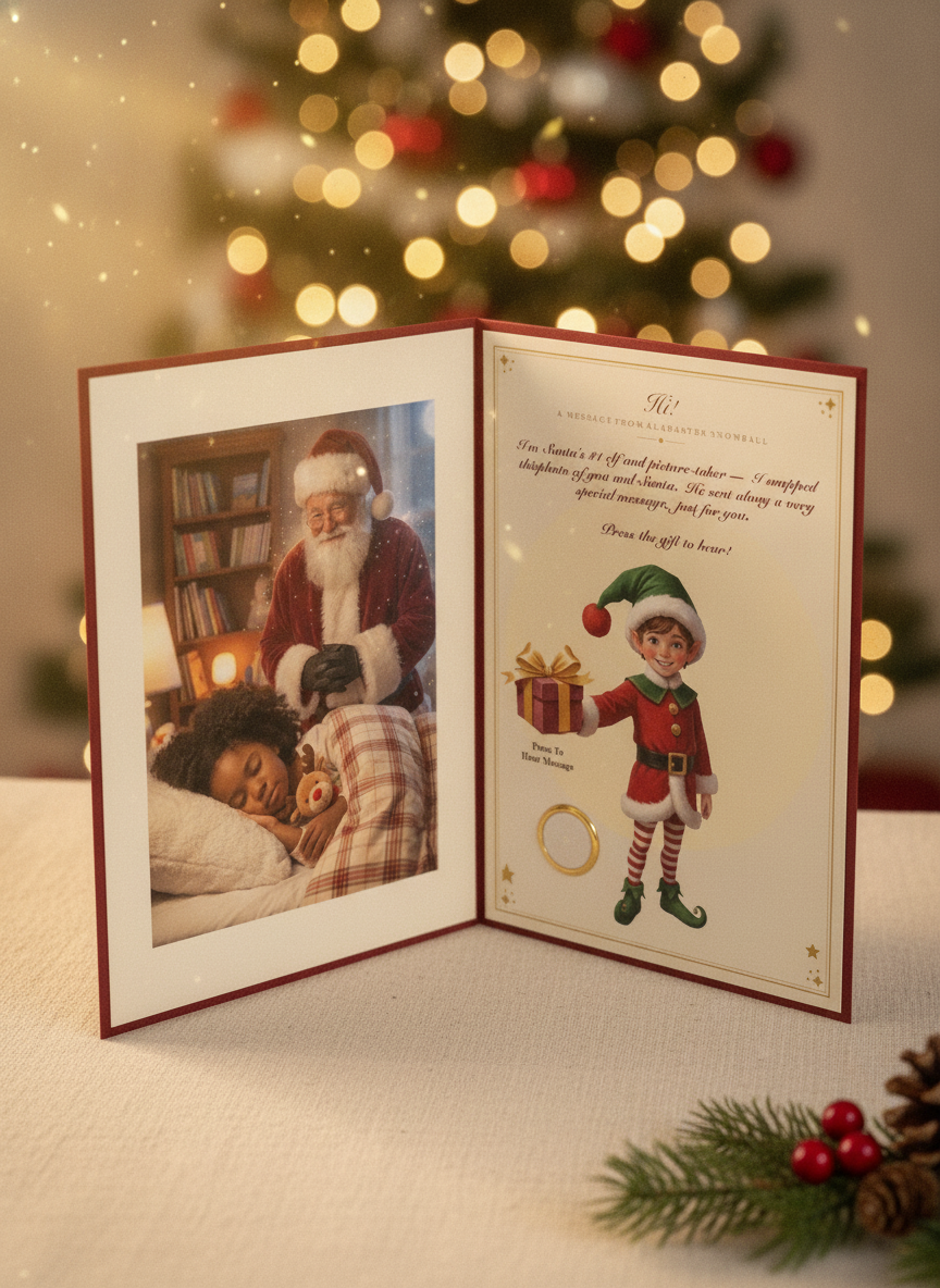 The Talking Santa keepsake card open on cream linen — the left inside page shows a photograph of Santa kneeling at a sleeping child's bedside holding the card, and the right inside page shows Santa's handwritten letter signed with a red wax seal in the lower-right and a gold-rimmed speaker button embedded in the lower-left of the parchment.