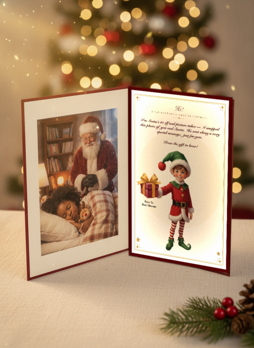 The Talking Santa keepsake card open on cream linen — the left inside page shows a photograph of Santa kneeling at a sleeping child's bedside, and the right inside page shows Alabaster Snowball, Santa's elf, holding out a gold-bowed gift that is the speaker button.