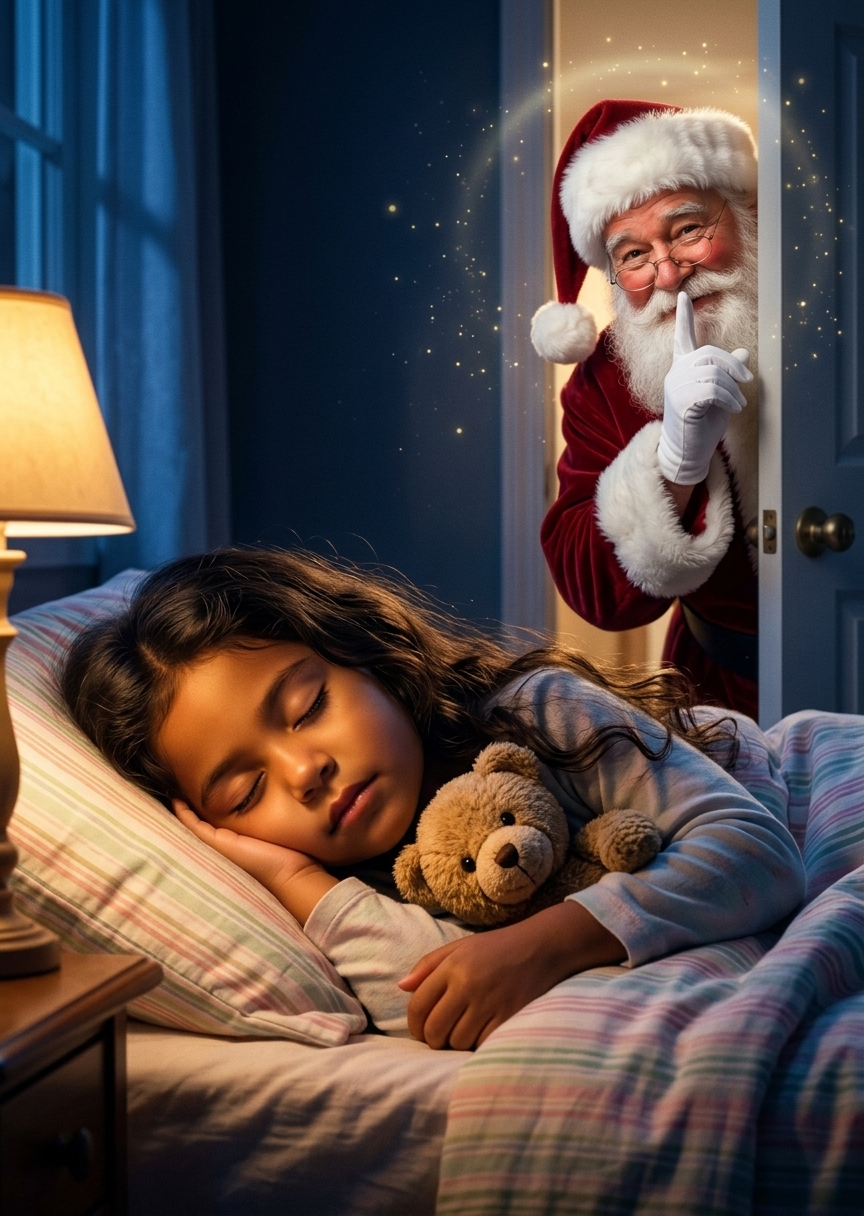Example of Santa generated into a sleeping child's bedroom photo — peeking scene
