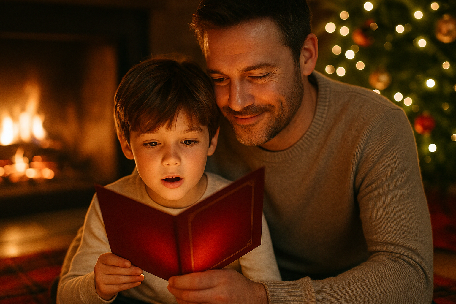 Father and son in front of a fireplace holding a Talking Santa card