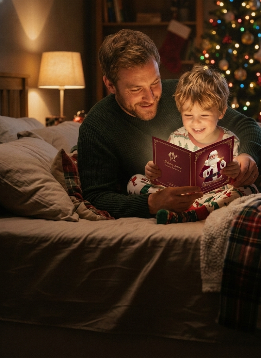 Father and son by the Christmas tree holding open a glowing Talking Santa keepsake card — the deep crimson outside of the card faces us, its gold-bordered back cover on the left and the Santa front cover on the right, while the warm light from inside spills onto their faces.