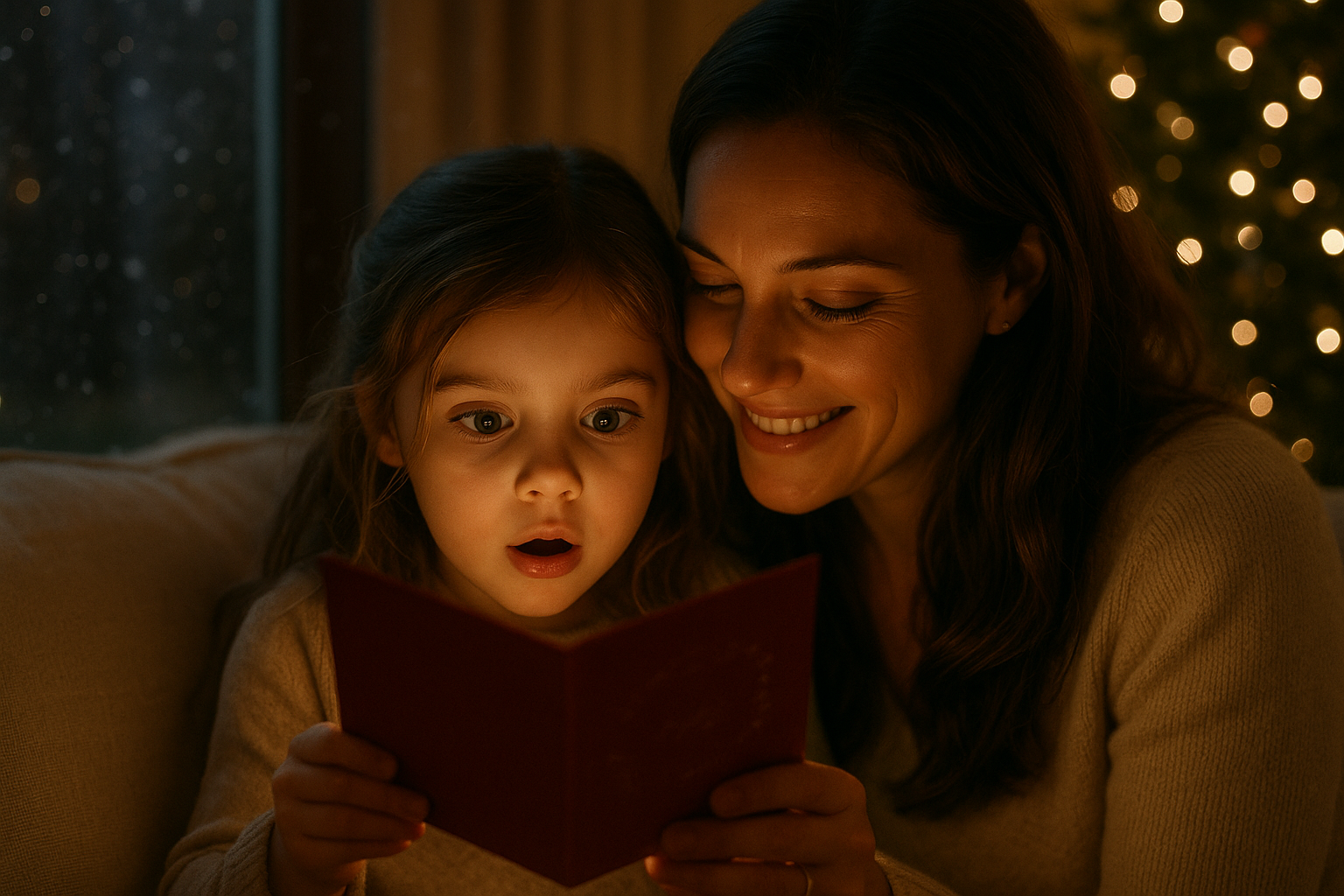 Mother and daughter holding open a glowing Talking Santa card on Christmas Eve