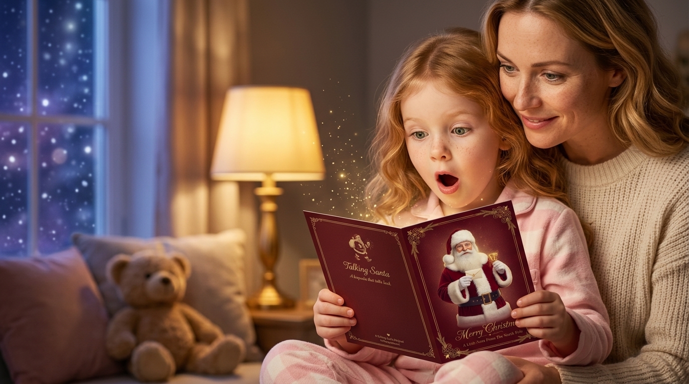 A mother and her young daughter in a warmly lit bedroom on Christmas Eve, opening a Talking Santa keepsake card together — the daughter's face lit up in awe.
