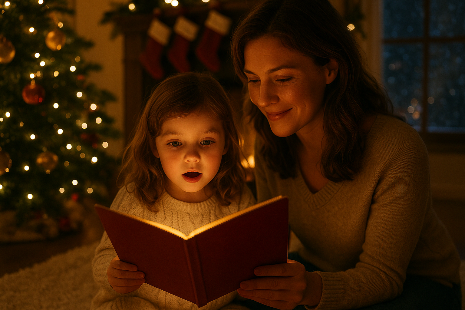 A mother and her young daughter on the floor by a glowing Christmas tree, holding open a Talking Santa keepsake card together — the card glowing warmly with a Santa illustration and a handwritten letter inside.